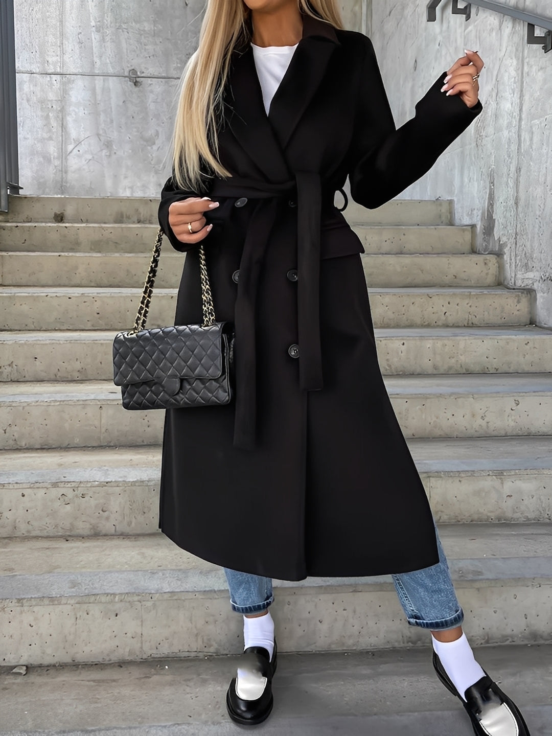 Suzanne - Tradiční dvouřadý kabát s páskem pro ženy