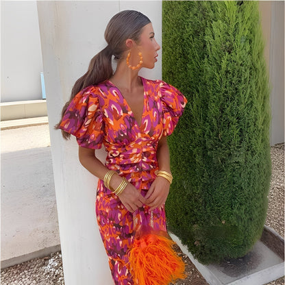 Gaëlle - Šaty barevné s plisovanými rukávy pro ženy
