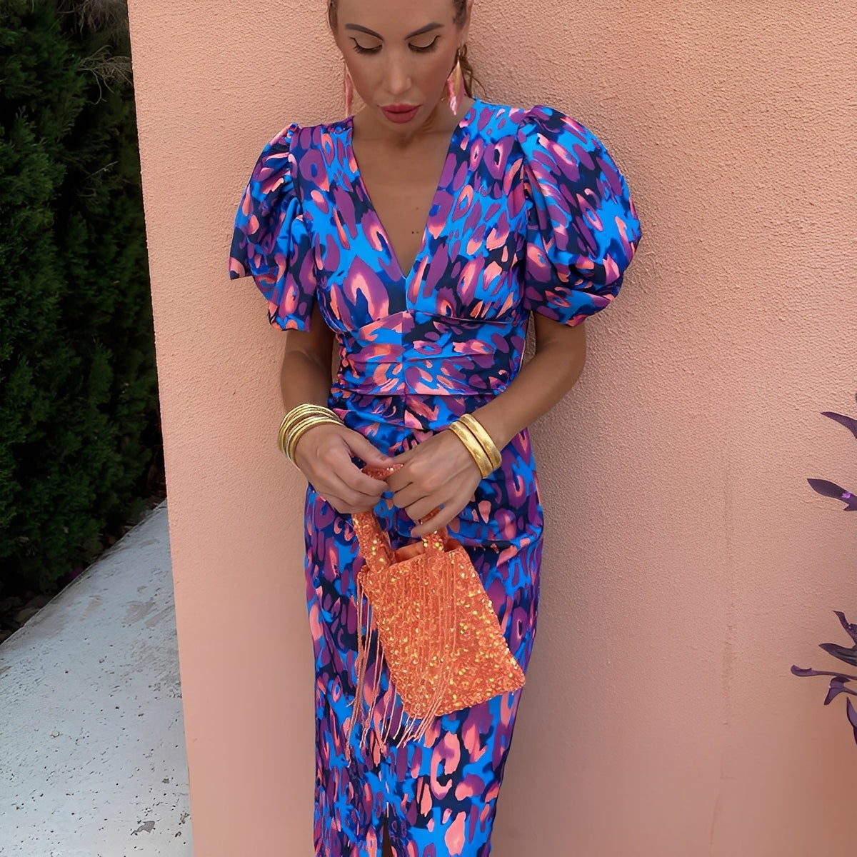 Gaëlle - Šaty barevné s plisovanými rukávy pro ženy