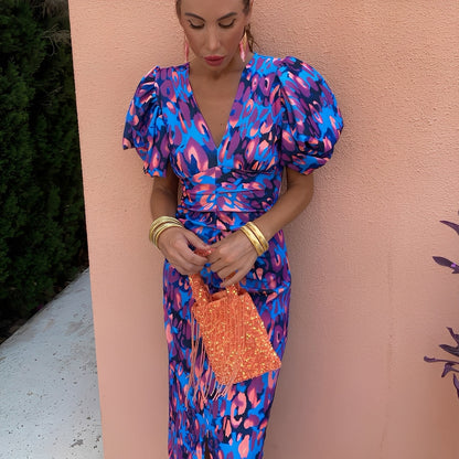 Gaëlle - Šaty barevné s plisovanými rukávy pro ženy