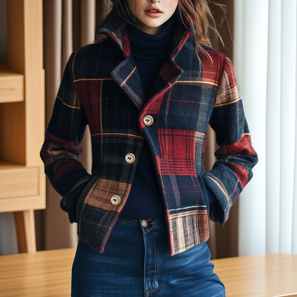 Aubriana - Dámská retro kostičkovaná bunda s límečkem