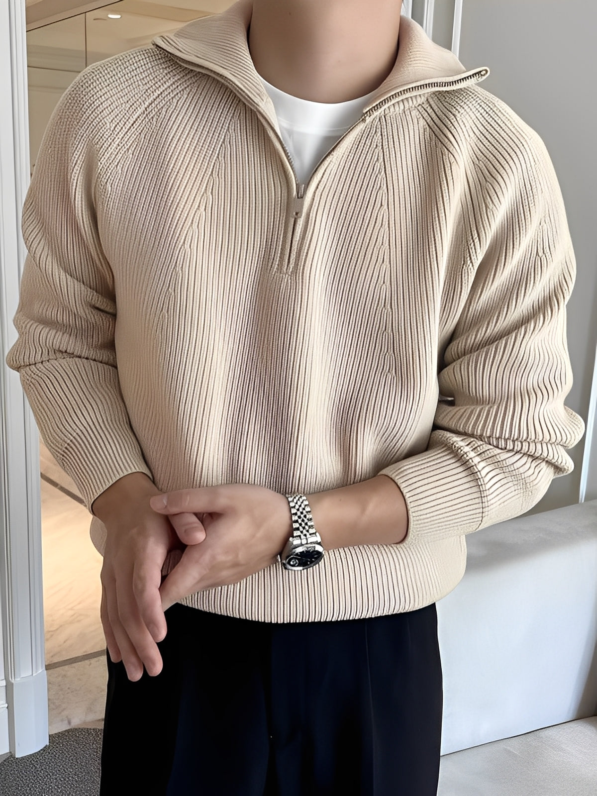 Lucas - Moderní pletený svetr s půlzipem pro muže