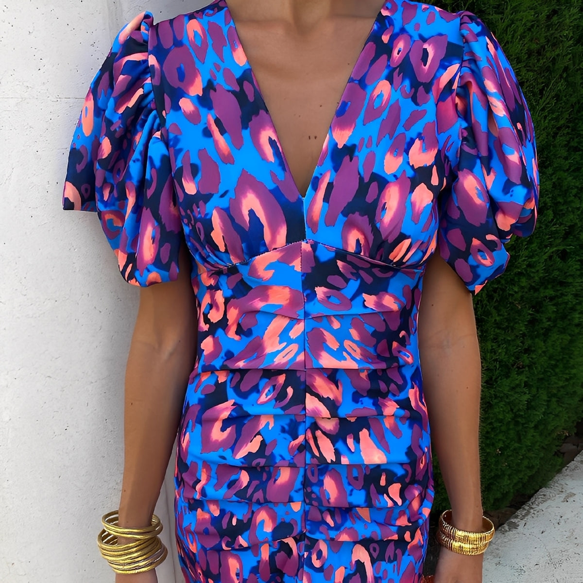 Gaëlle - Šaty barevné s plisovanými rukávy pro ženy