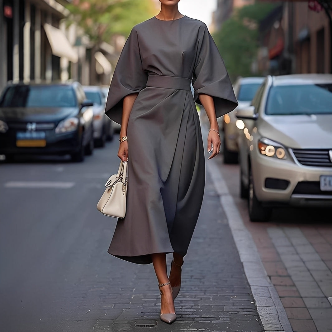 Élise - Elegantní šaty s lucernovými rukávy a páskem pro ženy