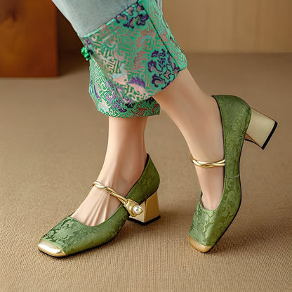 Evelyn - Elegantní, vzorované hedvábné dámské sandály na podpatku