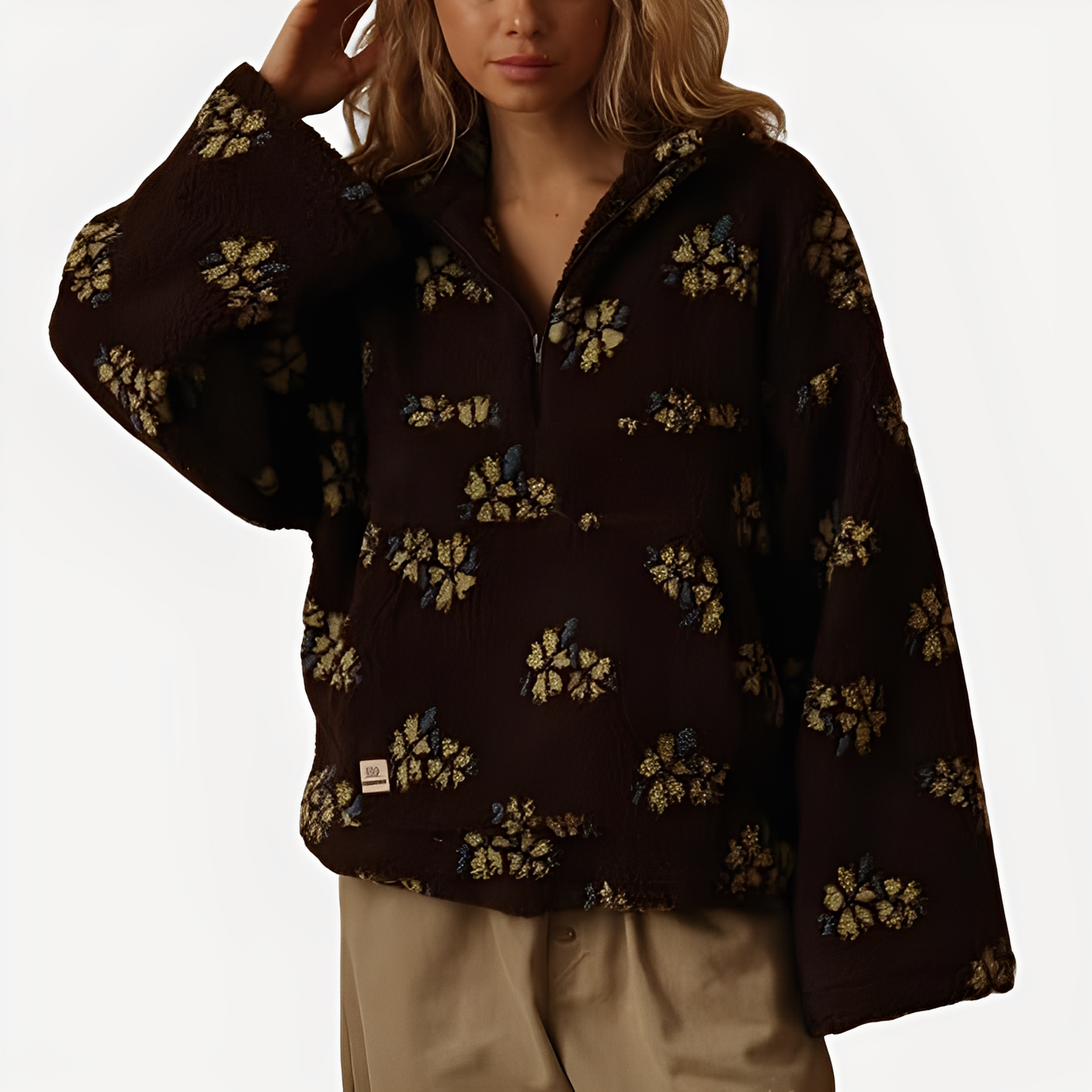 Elizabeth - Stylový Sherpa svetr s květinovým vzorem pro ženy