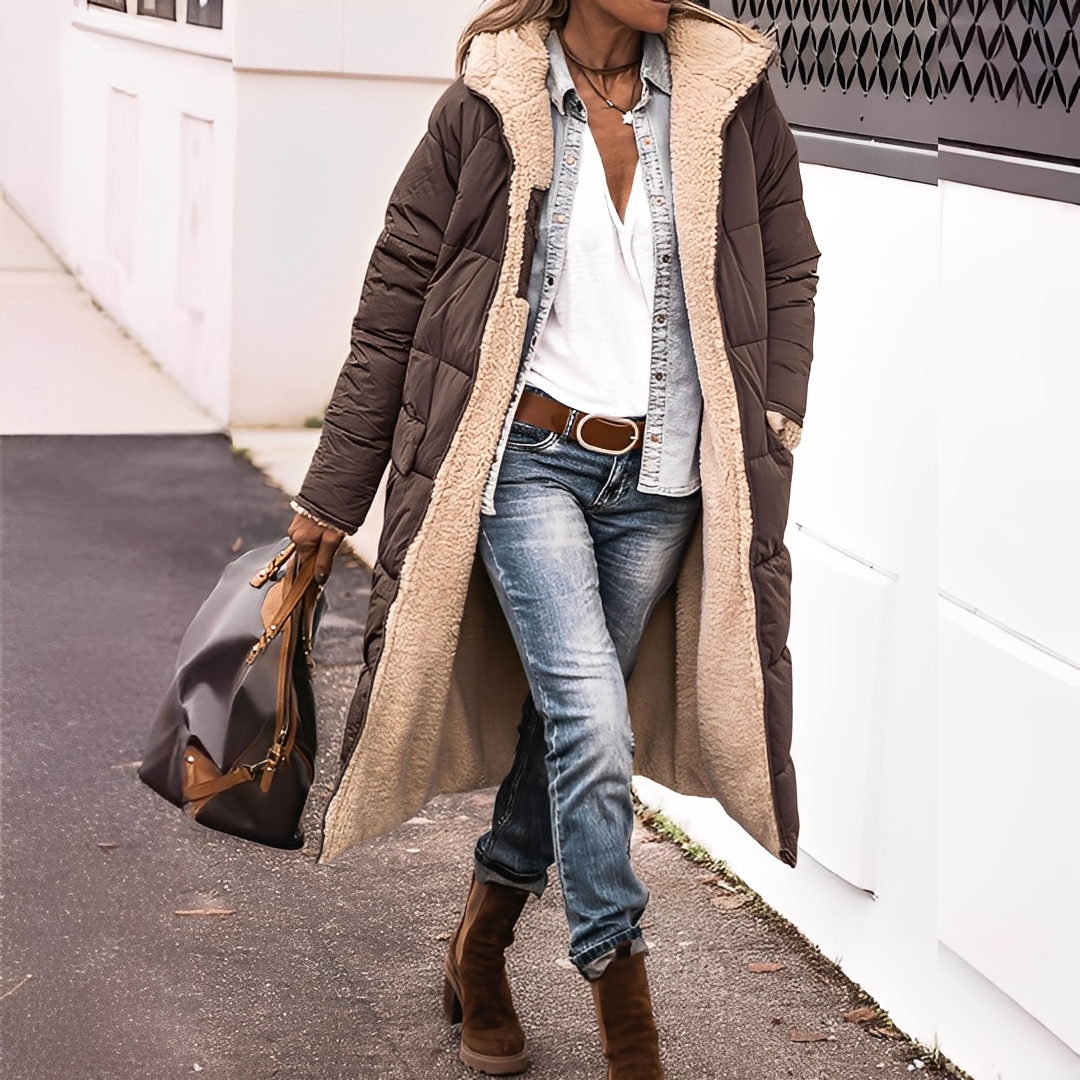 Nadège - Dlouhý zimní prošívaný kabát s kapucí pro ženy