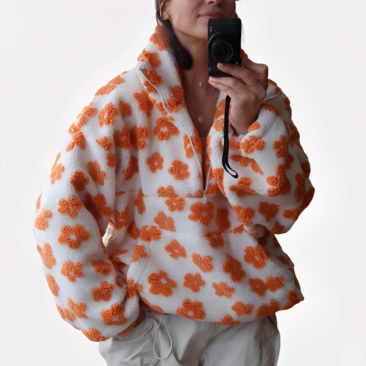 Elizabeth - Stylový Sherpa svetr s květinovým vzorem pro ženy